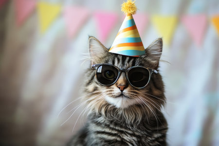 Adorable cat wearing a party hat and stylish sunglasses celebrating in a fun atmosphereの写真素材