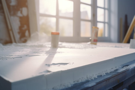 Close up of white foam installation in a beige apartment with blue tiles and construction tools