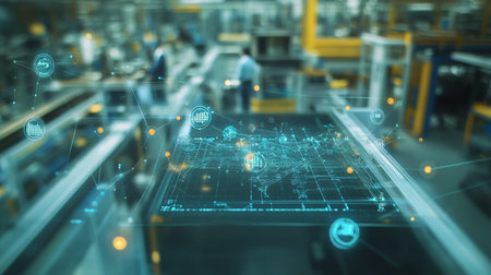 Interactive ai network displaying connections in a modern factory with workers engaged in action