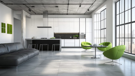 Contemporary apartment design featuring minimalist style with black kitchen and gray tiled flooring