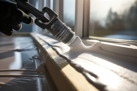 Detailed close up of polyurethane foam application on window sills and walls with construction toolsの写真素材