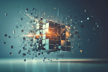 3d visualization of interconnected blocks forming a cube and fracturing against a digital backdropの写真素材