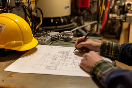 A person sketching electrical system blueprints with tools and equipment in natural lightの写真素材