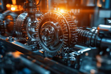 Close up exploration of automotive gearbox mechanisms and precision engineering in actionの写真素材