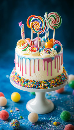 Brightly colored birthday cake on a stand, decorated with sweets and lollipops on blue backdrop