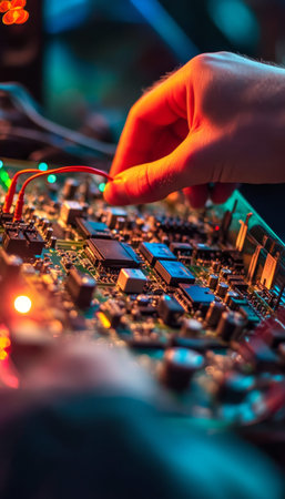 Detailed close up of hands assembling and wiring various electronic components togetherの写真素材