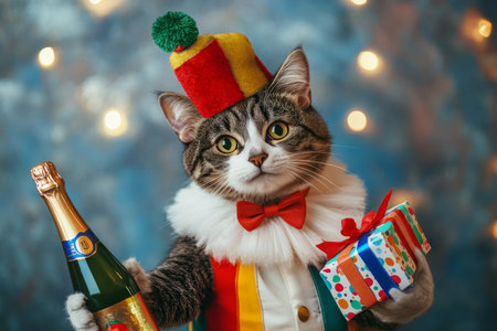Humorous cat dressed as clown, holding champagne bottle and gift for a playful celebrationの写真素材
