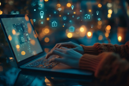 Person typing on laptop with smart home icons indicating ai network management interface