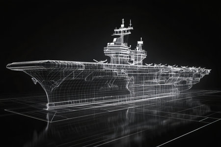 3d wireframe renderings of aircraft carriers featuring advanced structures on dark backgroundの写真素材