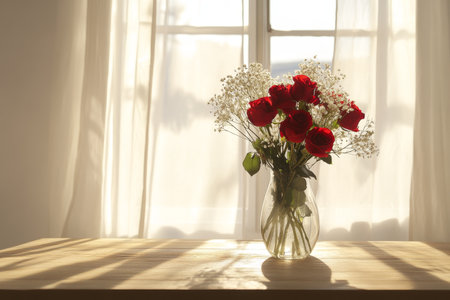 Sunlit vase of red roses and baby s breath on a wooden table by the window with white wallsの写真素材