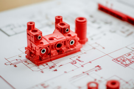Comprehensive blueprint featuring red engineering components and technical specificationsの写真素材