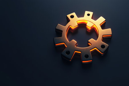 Illuminated cogwheel mechanism icon on dark background representing collaboration and teamworkの写真素材