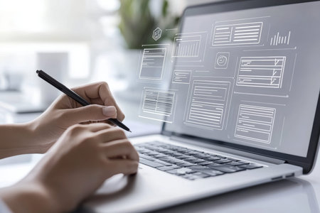 Person utilizing virtual tools for checklist creation amidst data charts and holographic interfaces