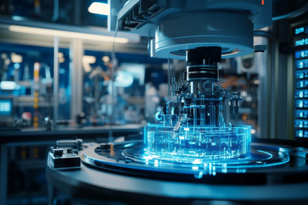 Futuristic laboratory showcasing robotic control systems and advanced digital technology innovation