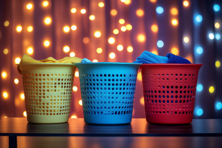 Vibrant laundry baskets on table surrounded by glowing lights a symbol of home cleaning and careの写真素材