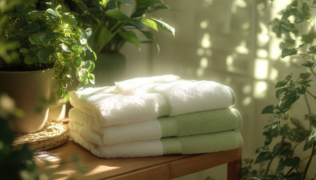 Elegant wooden shelf displaying fluffy white and green towels surrounded by fresh plants and lightの写真素材
