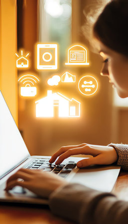 A user interacting with smart home ai controlling lights and windows via laptop interface
