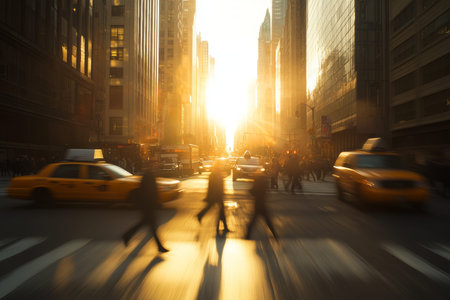 Dynamic new york city street scene people crossing amidst cars, skyscrapers, and morning light