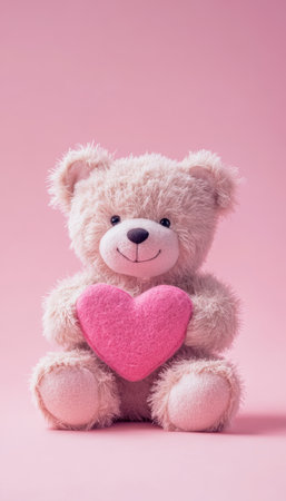 Adorable teddy bear embracing heart shaped gift box on soft pink pastel background with spaceの写真素材