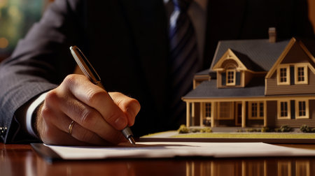 Real estate agent finalizing home purchase agreement with model house and professional attireの写真素材