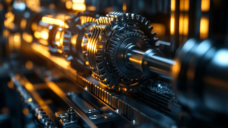 Close up of industrial machinery with gears in motion, illuminated highlights and metal textures.