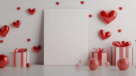 A romantic a5 card mockup surrounded by valentine's day decor and gift boxes on a white surfaceの写真素材