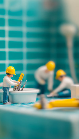 Plumbers at work a close up of tools on a table surrounded by bright blue tiles and teal backgroundの写真素材