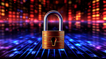 Futuristic digital illustration of a glowing padlock on a circuit board, symbolizing data securityの写真素材