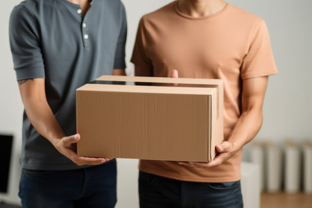Young couple moving new equipment together against a neutral background with copy spaceの写真素材