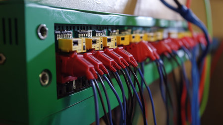 Vibrant network setup colorful cables, voltmeters, and power source in an apartment environment