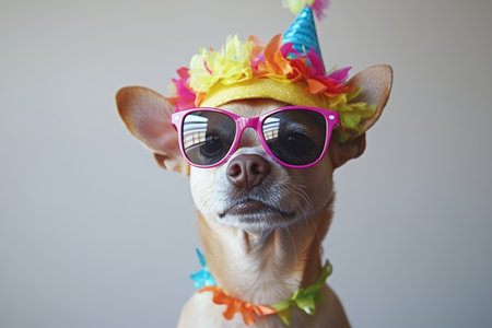 Playful party pup sporting a vibrant summer hat and trendy sunglasses against a white backdropの写真素材