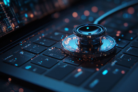 Stethoscope on laptop keyboard symbolizing digital healthcare security and medical data protectionの写真素材