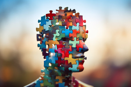 Vibrant puzzle pieces creating a human face set against a softly blurred backdropの写真素材
