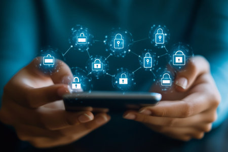 Symbolizing data protection a person using a device with security icons in a corporate setting