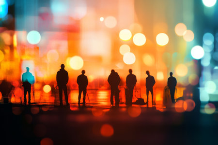 Silhouetted engineers and construction team collaborating at a site with a soft blurred backgroundの写真素材