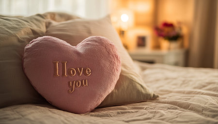 Cozy bedroom scene featuring pink heart pillow with i love you embroidery against beige pillowsの写真素材