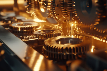 Close up of automotive assembly line showcasing intricate gears and precise engineering in motion