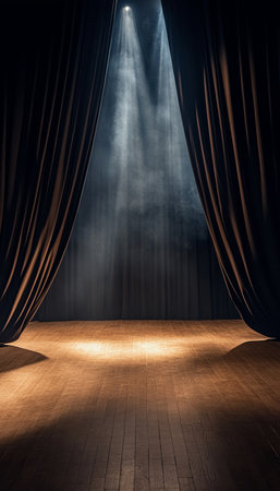 A dramatic stage scene with spotlight illuminating a wooden floor surrounded by black curtainsの写真素材