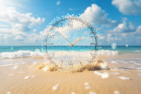Pixelated clock face overlaying beach scene for effective time management visualization