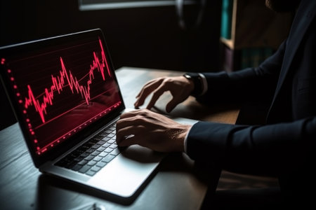 Businessman analyzing economic growth chart on laptop with cautionary warning for investment risksの写真素材
