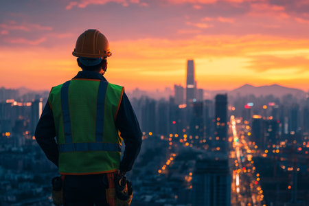 Construction worker in safety gear observing city skyline at sunset, urban development focus