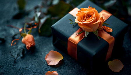 Elegant black gift box tied with orange ribbon and rose for a romantic valentine's day surpriseの写真素材
