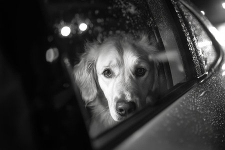 Golden retriever curiously gazing through a car window, capturing its playful spiritの写真素材
