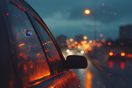 Cinematic close up of a car speeding on the highway with a vibrant city skyline at duskの写真素材