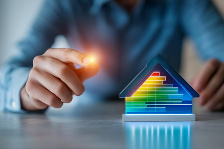 Businessman engaging with virtual interface for energy efficiency in home construction auditの写真素材