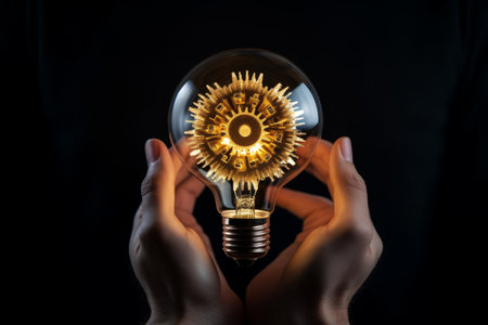 Hand holding glowing light bulb surrounded by gears, representing business innovation and creativityの写真素材