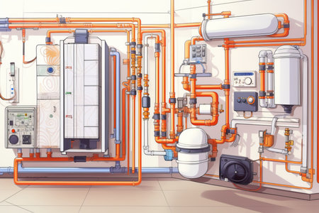 Illustration of a modern heating system in a small home with colorful pipes and tools displayedの写真素材