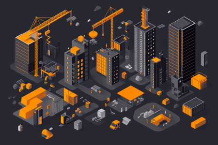 Stylish flat vector illustration of construction buildings and equipment on dark backgroundの写真素材