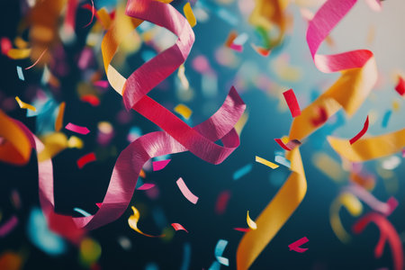 Vibrant party decorations with festive overlays, streamers, and colorful confetti for celebrationsの写真素材