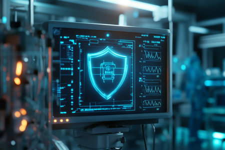 Hospital monitor showing patient vitals with a cybersecurity shield symbolizing device protection